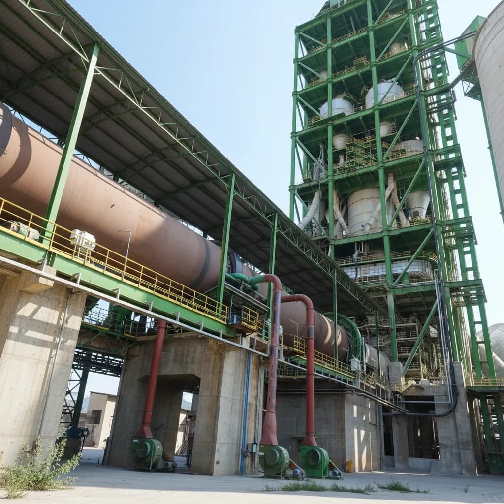 Horno rotatorio de una planta de cemento sobre pilares de hormigón junto a la torre de precalentamiento de estructura verde