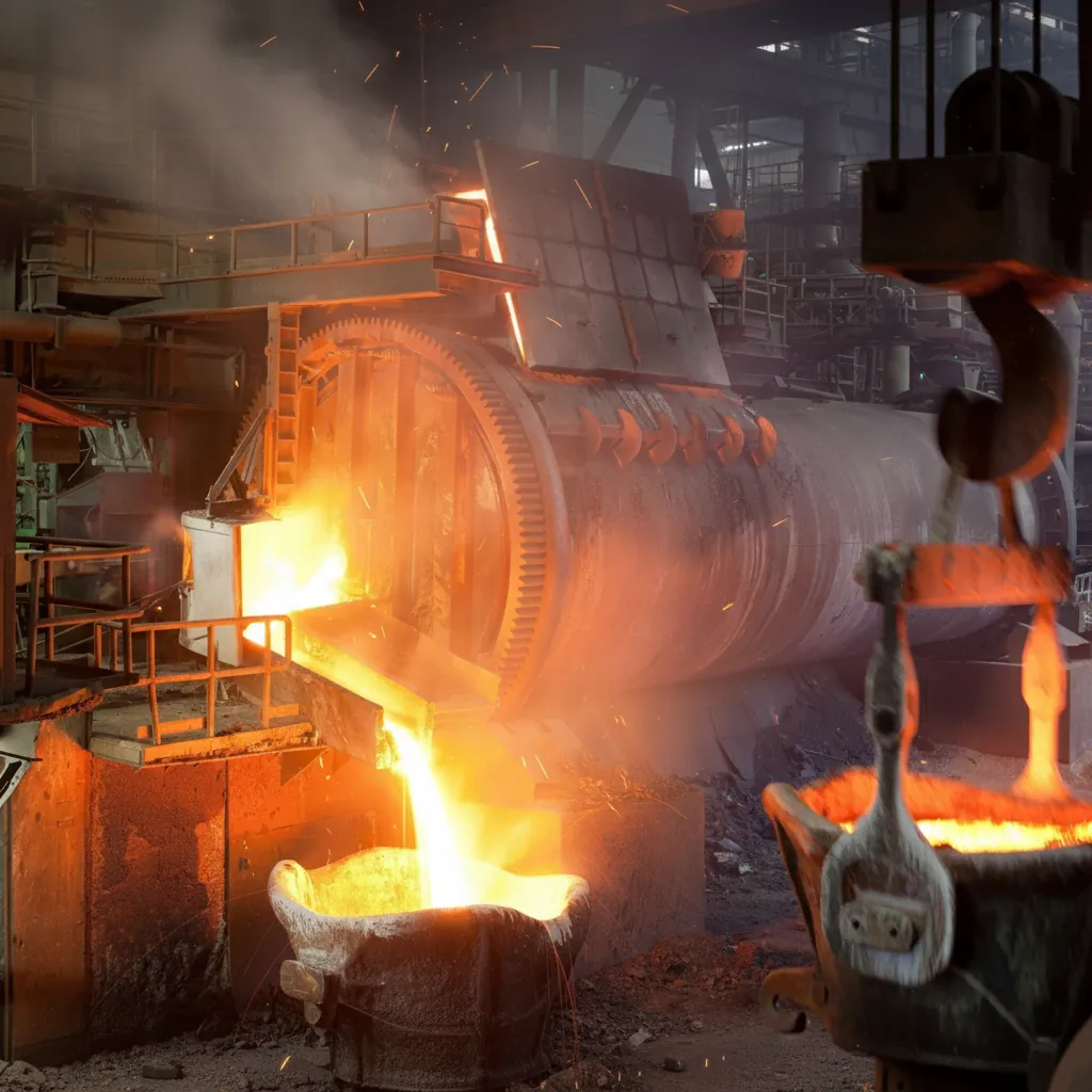 Convertidor de cobre en una fundición vertiendo metal fundido incandescente en una olla, con chispas y estructuras de acero alrededor
